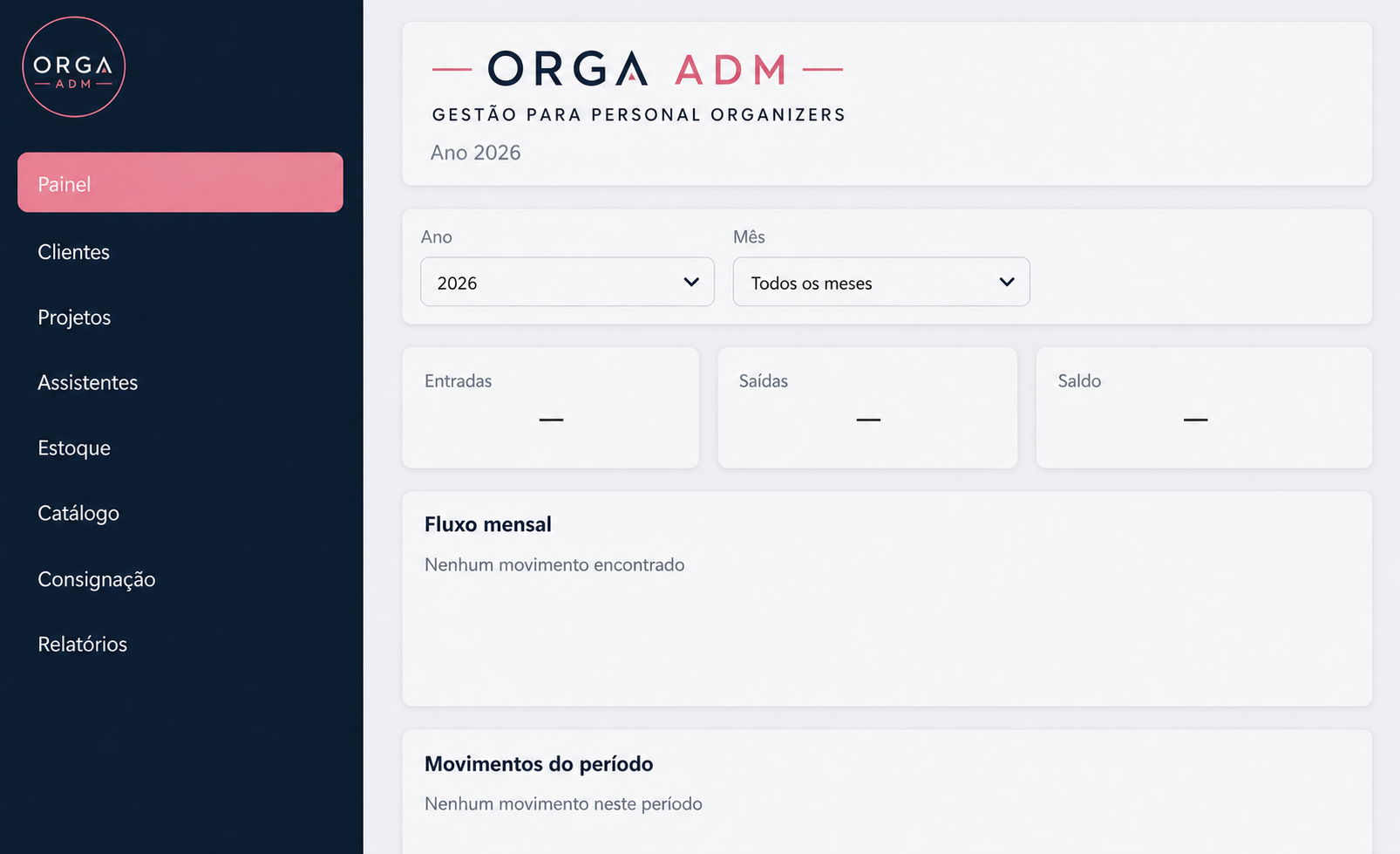 Tela real do painel da ORGA ADM, sem dados de clientes ou valores